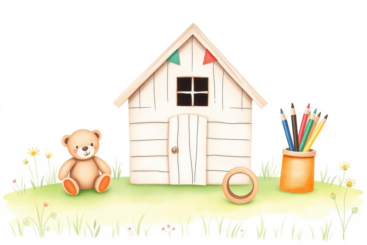 Holzspielhaus mit Teddybär und Buntstiften auf einer Wiese